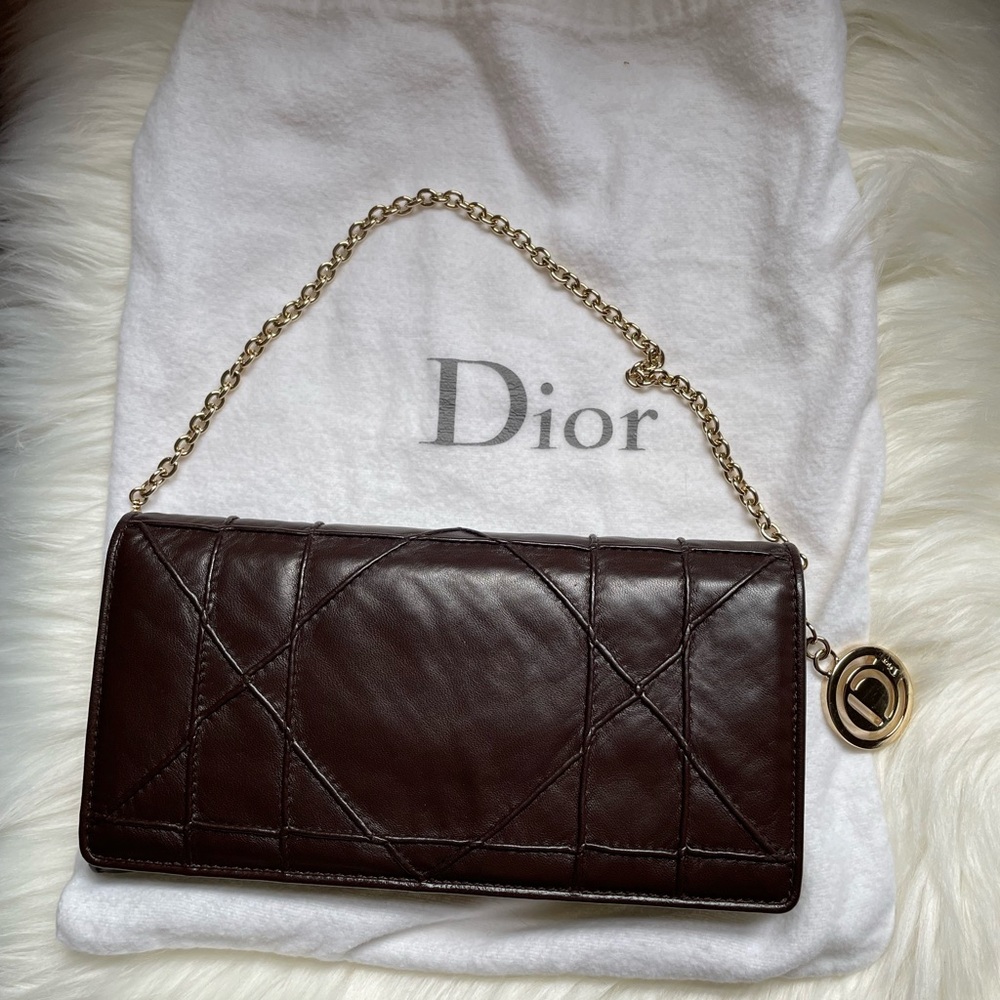 Dior Brown Quilted Lambskin Leather Clutch Wallet on Chain Cannage Rendezvous
